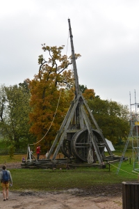 The trebuchet at the castle. Notice the large wheel on the side of the machine. Two people walked inside of that wheel, and two more people in the wheel on the other side. By walking in the wheel, they turned an axle around which a line was wound that pulled the arm of the trebuchet down and into the launching position. Unfortunately for us, the main arm had a three-foot fracture in it, preventing the trebuchet from being fired. The staff told us that they were waiting on a new arm to be made in France, because the ash it requires does not grow in the UK. 